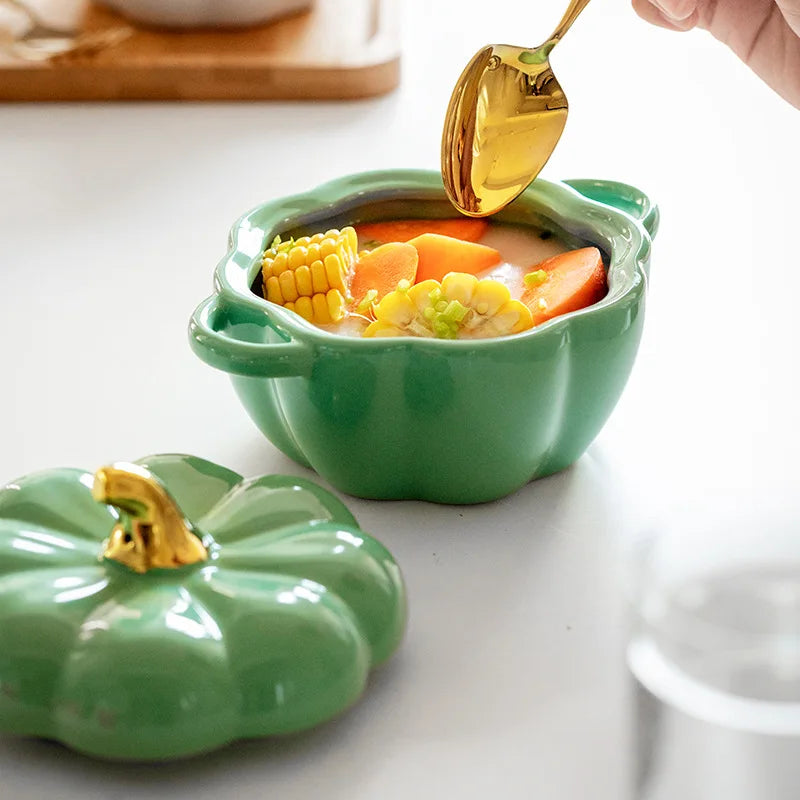 Pumpkin Shape Bowl with Lid Ceramic Soup Salad Cereal Bowl Bakeware Oven Baking Pan Kitchen Novelty Party Festival Decoration