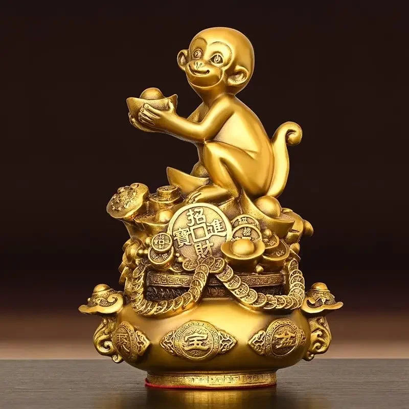 Pure Copper Animal Monkey Ornaments  Pot of Treasure Ruyi Monkey Living Room Office Decorations