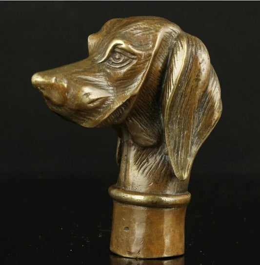 Pure Copper Brass old Grandpa Good Lucky Collectible Old Handwork Carving Vivid Dog Statues Cane Head Walking Stick