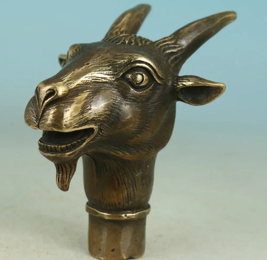 Pure Copper Brass old Grandpa Good Lucky Walking Stick Head  Handmade Carved Sheep Collect Statue Walking Stick Head Animal scul