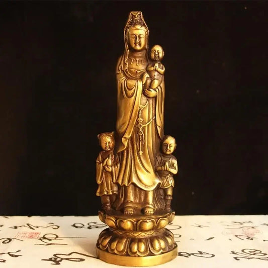 Pure Copper Feng Shui Guanyin Bronze Statue of Buddha Standing Holding The Child Bodhisattva Home Living Decor