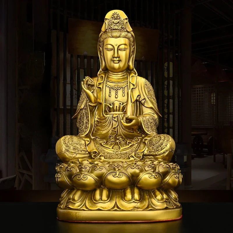 Pure Copper Fengshui Decor South Sea Goddess of Mercy Buddha Statue Ornaments Home Furnishings Sculptures