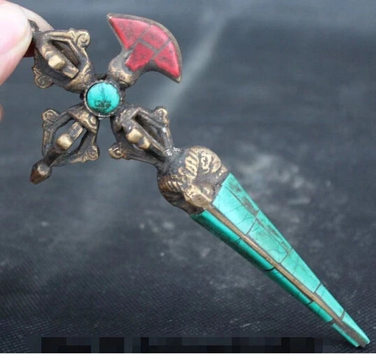 Pure Copper Gilt Tastefully Tibetan Silver 6 " Tibet Turquoise Gilt Protection God Phurba Dagger Holder statue