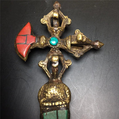 Pure Copper Gilt Tastefully Tibetan Silver 6 " Tibet Turquoise Gilt Protection God Phurba Dagger Holder statue