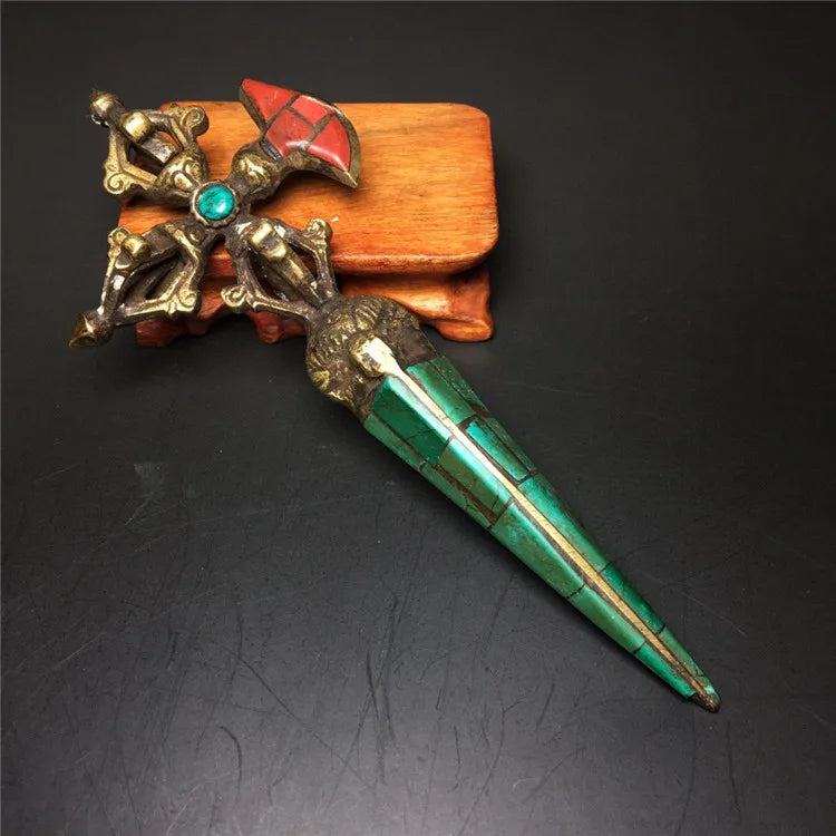 Pure Copper Gilt Tastefully Tibetan Silver 6 " Tibet Turquoise Gilt Protection God Phurba Dagger Holder statue