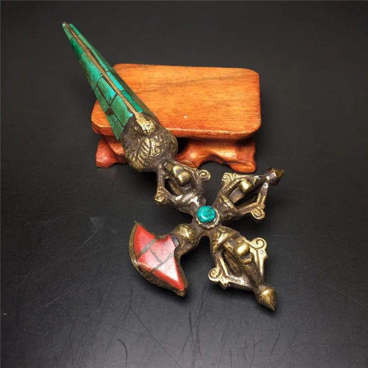 Pure Copper Gilt Tastefully Tibetan Silver 6 " Tibet Turquoise Gilt Protection God Phurba Dagger Holder statue