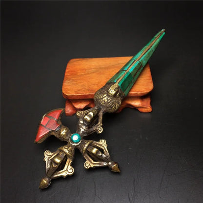Pure Copper Gilt Tastefully Tibetan Silver 6 " Tibet Turquoise Gilt Protection God Phurba Dagger Holder statue