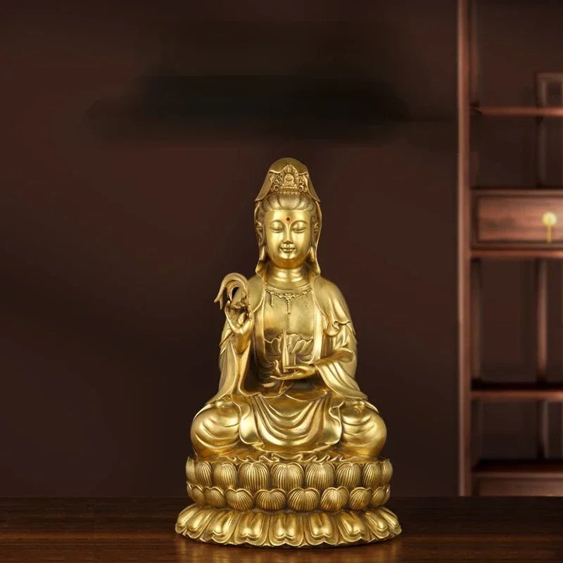 Pure Copper Guanyin Buddha Statue Home Living Room Ornaments Sea Sitting Lotus Bodhisattva Decoration Crafts