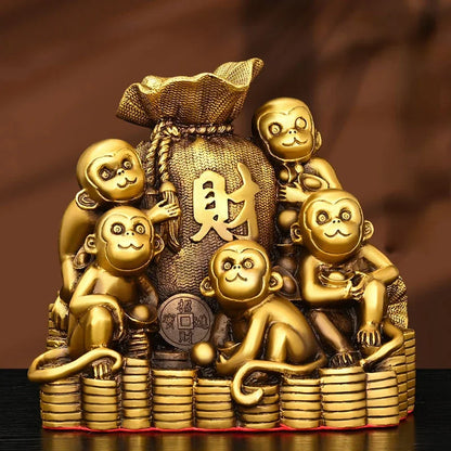 Pure Copper Monkey Golden Ornaments Feng Shui Attracting Wealth Five Monkeys Crafts Mascot Living Room Gift