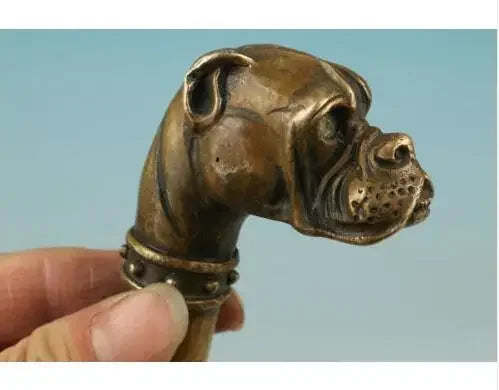 Pure Copper Old Qing Ming French dog Hand Carved Dog Statue Cane Walking Stick Head  Walking Stick Head