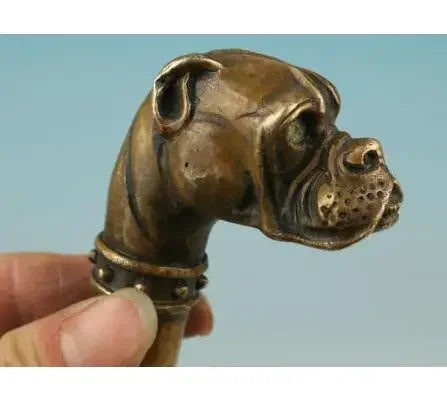 Pure Copper Old Qing Ming French dog Hand Carved Dog Statue Cane Walking Stick Head  Walking Stick Head