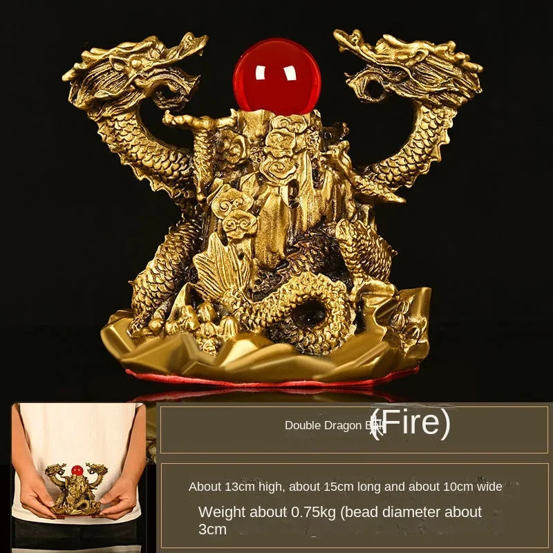 Pure Copper Ornaments Double Dragon Playing Pearl Five Elements Home Office Desktop Decor Auspicious Dragon Statues