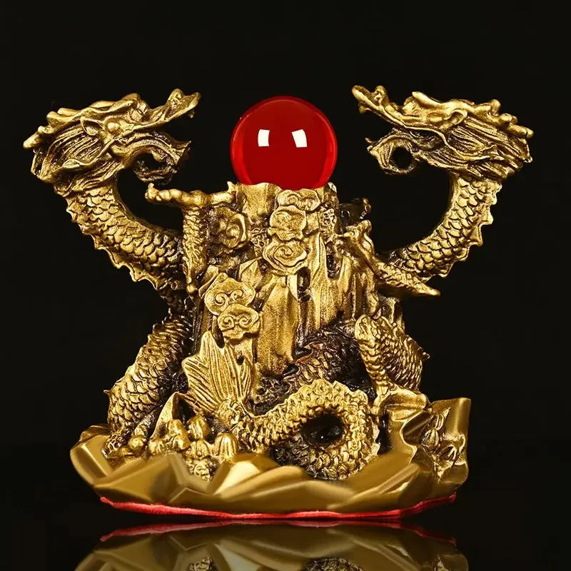 Pure Copper Ornaments Double Dragon Playing Pearl Five Elements Home Office Desktop Decor Auspicious Statues