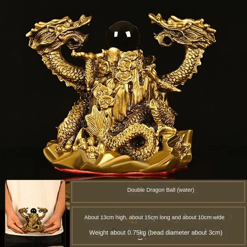 Pure Copper Ornaments Double Dragon Playing Pearl Five Elements Home Office Desktop Decor Auspicious Statues