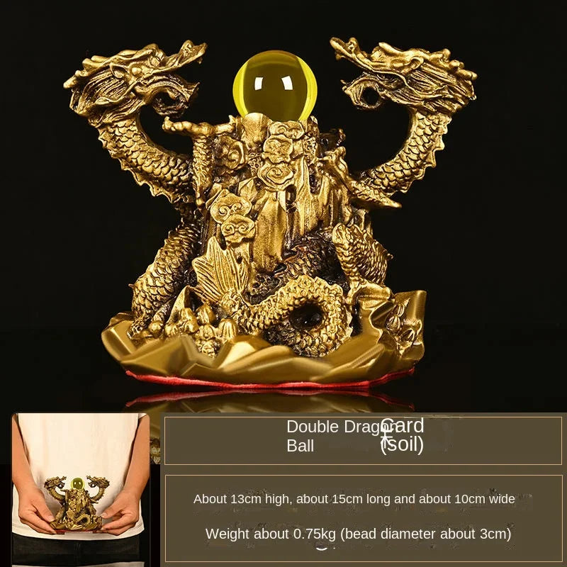 Pure Copper Ornaments Double Dragon Playing Pearl Five Elements Home Office Desktop Decor Auspicious Statues