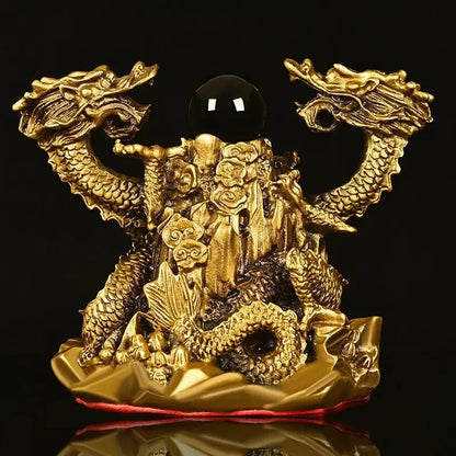 Pure Copper Ornaments Double Dragon Playing Pearl Five Elements Home Office Desktop Decor Auspicious Statues