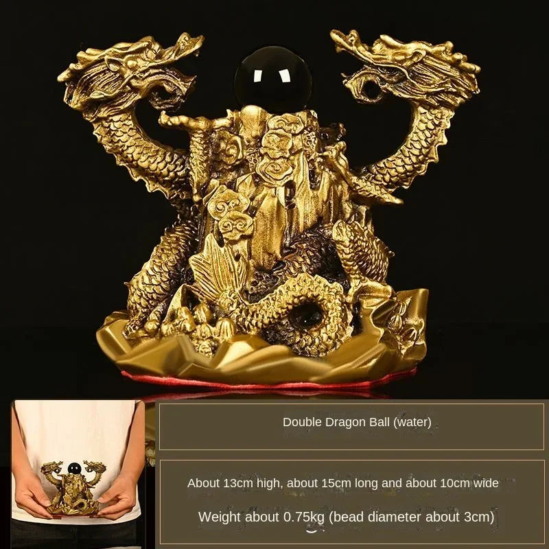 Pure Copper Ornaments Double Dragon Playing Pearl Five Elements Home Office Desktop Decor Statues