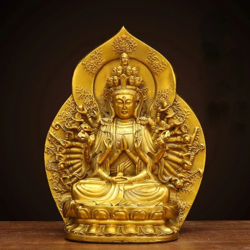 Pure Copper Thousand Hands Guanyin Buddhism Statue Household Bodhisattvas Patron Saint Decoration Crafts