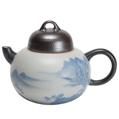 Pure Hand-painted Landscape Ceramic Teapot Retro Matte Glaze Pot with Ball Hole Filter Chinese Tea Brewing Kettle Teawre
