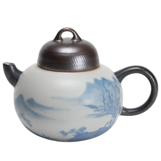 Pure Hand-painted Landscape Ceramic Teapot Retro Matte Glaze Pot with Ball Hole Filter Chinese Tea Brewing Kettle Teawre