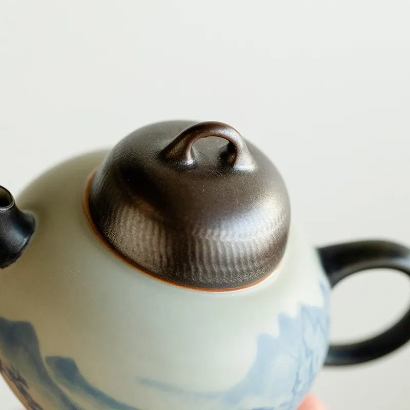 Pure Hand-painted Landscape Ceramic Teapot Retro Matte Glaze Pot with Ball Hole Filter Chinese Tea Brewing Kettle Teawre
