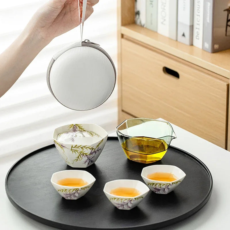 Pure Hand-painted Wisteria Flower Tea Set Kit Zen Teapot and Tea Cup Set 1 Bowl 3 Cups Tea Brewing Portable Picnic Drinkware