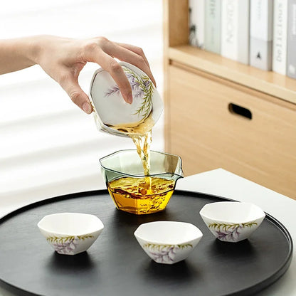 Pure Hand-painted Wisteria Flower Tea Set Kit Zen Teapot and Tea Cup Set 1 Bowl 3 Cups Tea Brewing Portable Picnic Drinkware