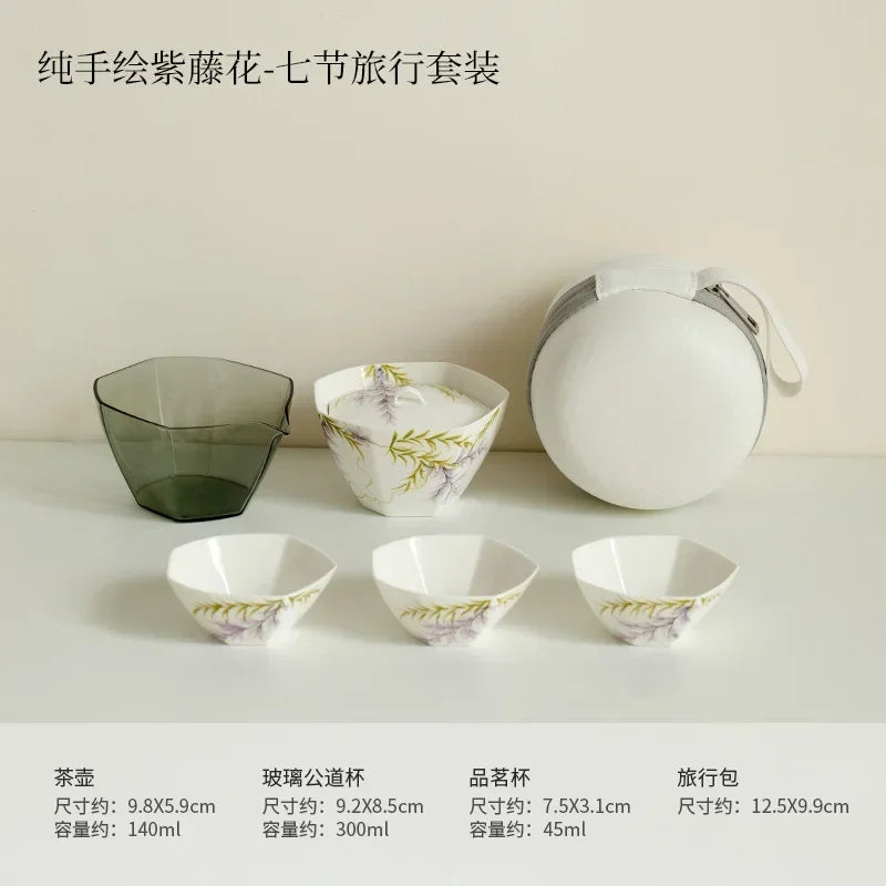Pure Hand-painted Wisteria Flower Tea Set Kit Zen Teapot and Tea Cup Set 1 Bowl 3 Cups Tea Brewing Portable Picnic Drinkware