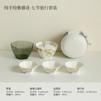 Pure Hand-painted Wisteria Flower Tea Set Kit Zen Teapot and Tea Cup Set 1 Bowl 3 Cups Tea Brewing Portable Picnic Drinkware
