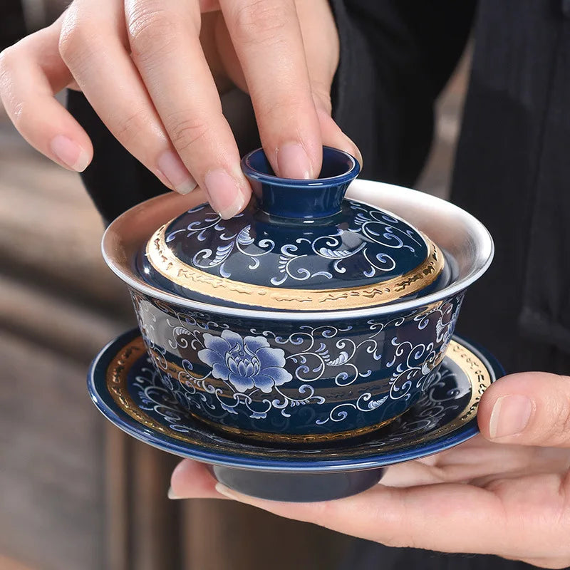 Pure Silver Gaiwan 999 Sterling Silver Tureen Porcelain Cup Bowl Set SanCai Coaster Saucer Lid Ceramic Covered Bowls 160ml China