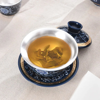 Pure Silver Gaiwan 999 Sterling Silver Tureen Porcelain Cup Bowl Set SanCai Coaster Saucer Lid Ceramic Covered Bowls 160ml China