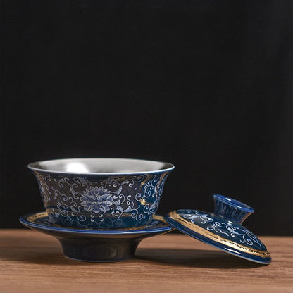 Pure Silver Gaiwan 999 Sterling Silver Tureen Porcelain Cup Bowl Set SanCai Coaster Saucer Lid Ceramic Covered Bowls 160ml China