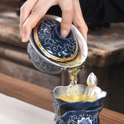 Pure Silver Gaiwan 999 Sterling Silver Tureen Porcelain Cup Bowl Set SanCai Coaster Saucer Lid Ceramic Covered Bowls 160ml China