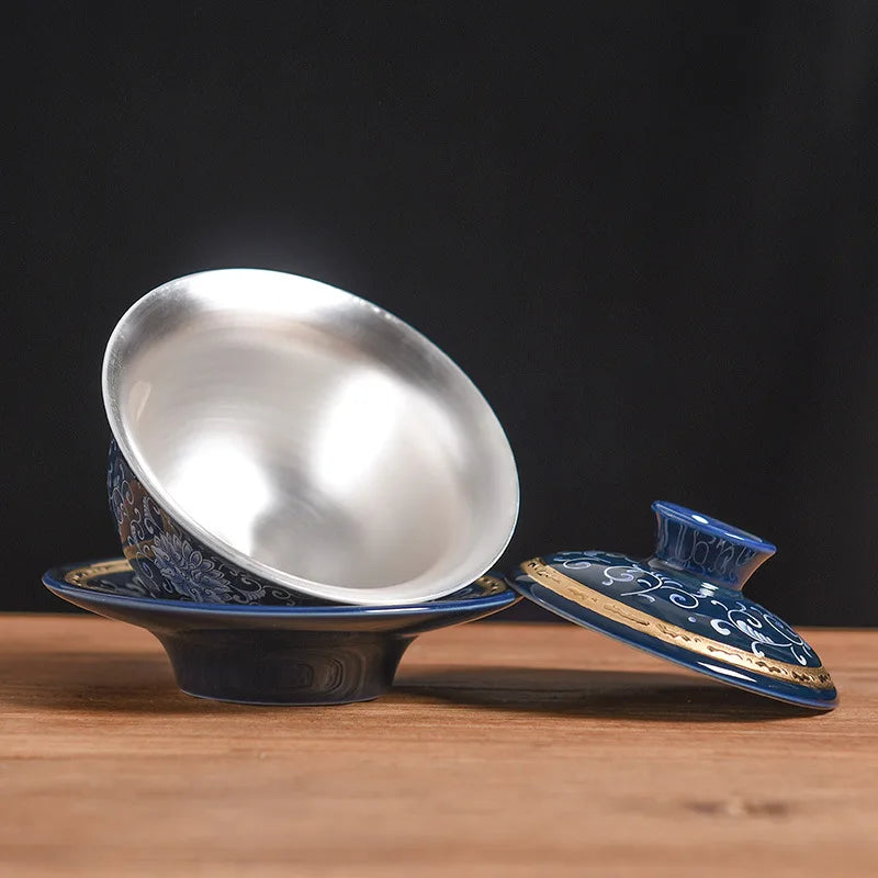 Pure Silver Gaiwan 999 Sterling Silver Tureen Porcelain Cup Bowl Set SanCai Coaster Saucer Lid Ceramic Covered Bowls 160ml China