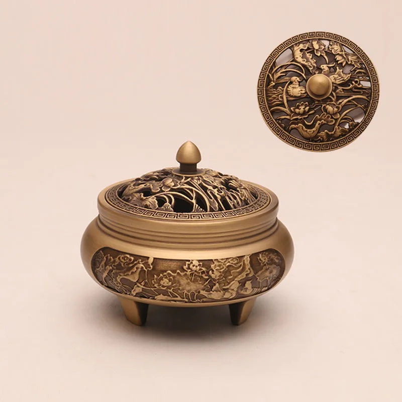 Pure copper Retro Three Legged Carving lncense Household Nostalgic Indoor Purification Sandalwood Aromatherapy Burner
