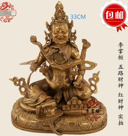 Pure copper, Tibetan legend, Five Way Wealth God, Green Wealth God Buddha statue, 30cm, can be used as a collectible ornament