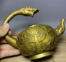 Pure copper dragon head pot Kung Fu tea set fortune attracting double dragon fortune absorbing teapot ornaments