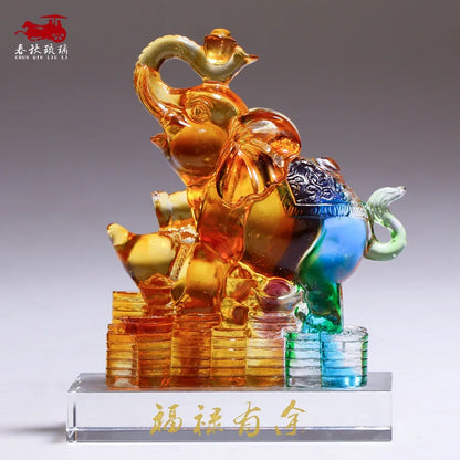 Pure handmade Coloured glaze elephant ornaments and crafts auspicious fortune Step on the gourd ingot elephant