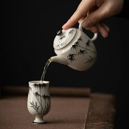 Purely Hand-painted Ink Bamboo Wenting Teapot Household Ball Hole Filter Retro Tea Maker Single Pot Ceramic Kung Fu Set Infuser