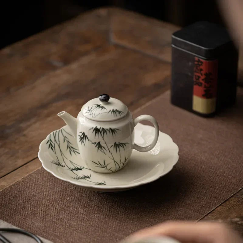 Purely Hand-painted Ink Bamboo Wenting Teapot Household Ball Hole Filter Retro Tea Maker Single Pot Ceramic Kung Fu Set Infuser
