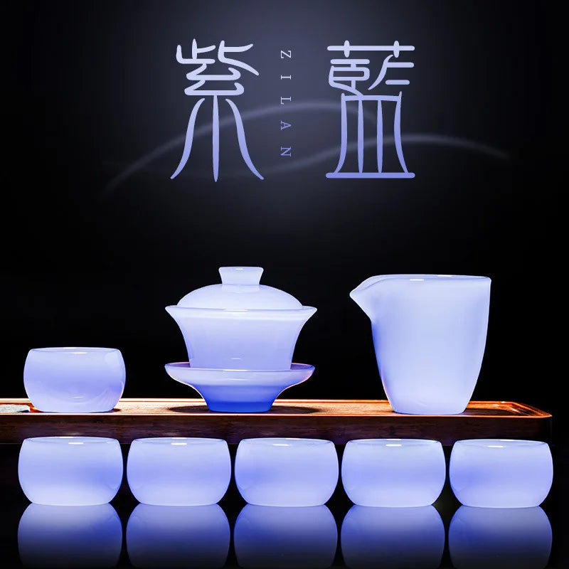 Purple Blue Glass Tea Set Household White Jade Kung Fu Tea Cup Glass Lid Bowl Office Use