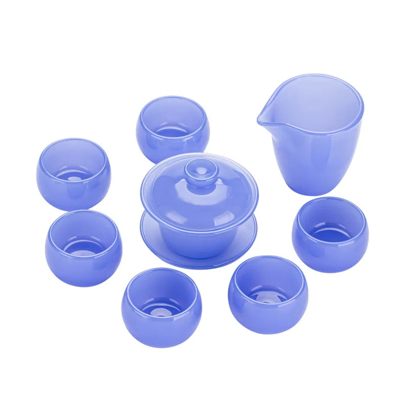 Purple Blue Glass Tea Set Household White Jade Kung Fu Tea Cup Glass Lid Bowl Office Use