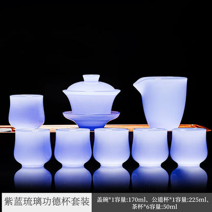 Purple Blue Glass Tea Set Household White Jade Kung Fu Tea Cup Glass Lid Bowl Office Use