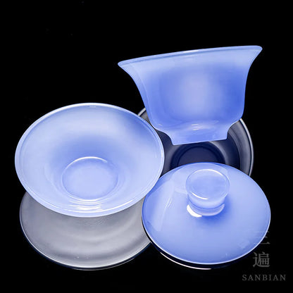 Purple Blue Glass Tea Set Household White Jade Kung Fu Tea Cup Glass Lid Bowl Office Use