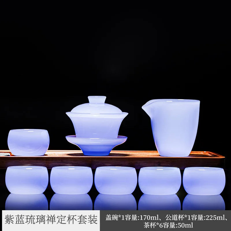 Purple Blue Glass Tea Set Household White Jade Kung Fu Tea Cup Glass Lid Bowl Office Use