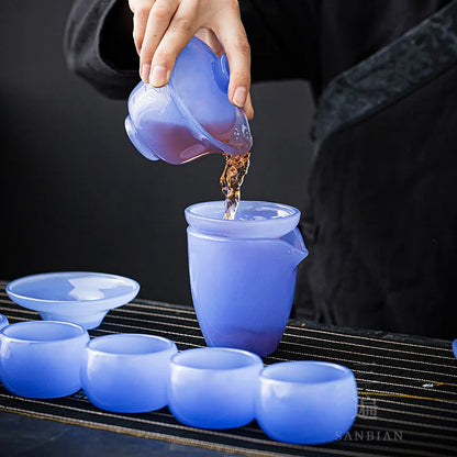 Purple Blue Glass Tea Set Household White Jade Kung Fu Tea Cup Glass Lid Bowl Office Use