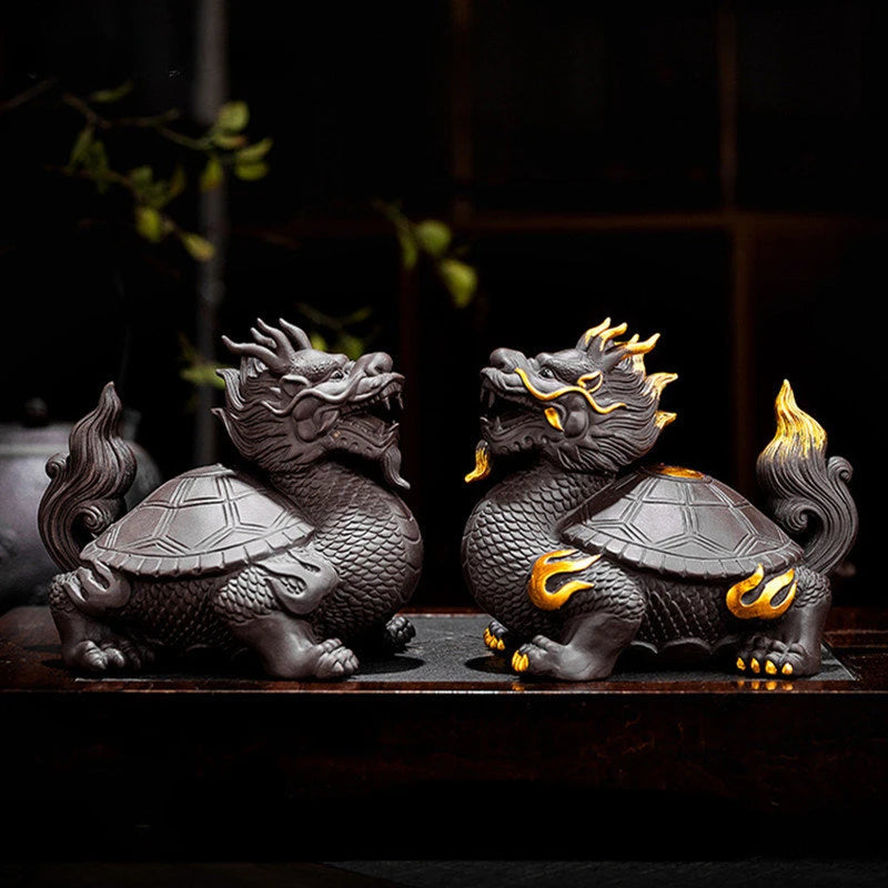 Purple Clay Dragon Turtle Tea Pet Ornaments Can Raise Fengshui Home Decoration Animal Sculpture Crafts Chinese Tea Accessories