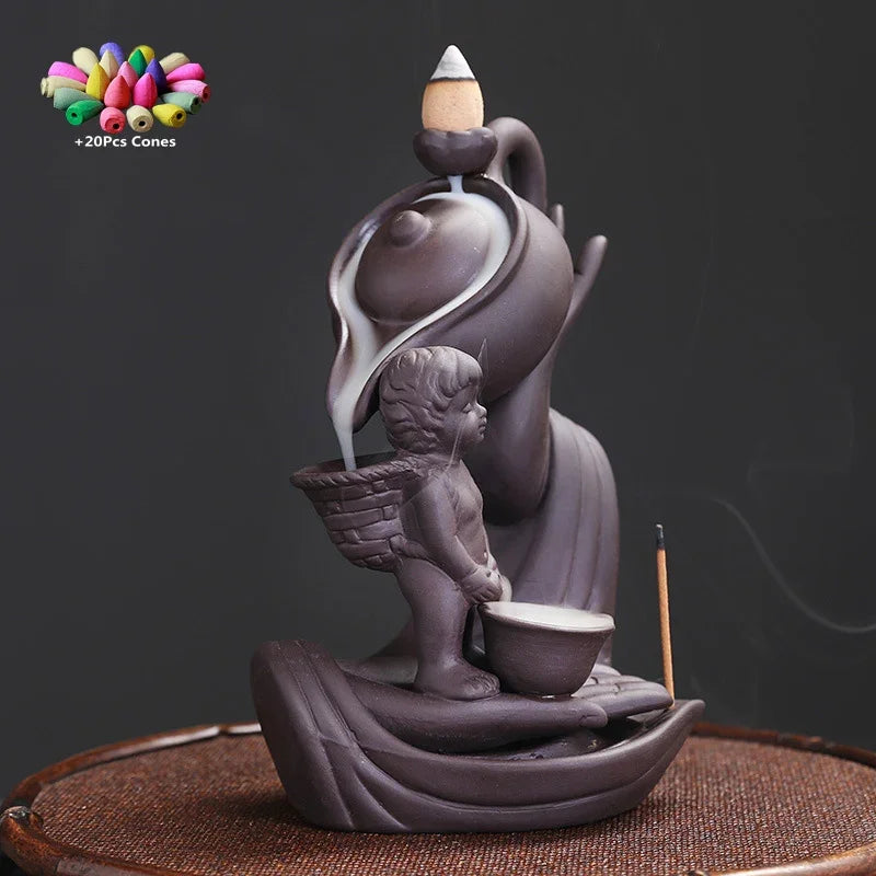 Purple Clay Handicraft Buddha Hand Backflow Incense Burner Teapot Incense Stick Holder Lotus Censer Office Tea House Decorate