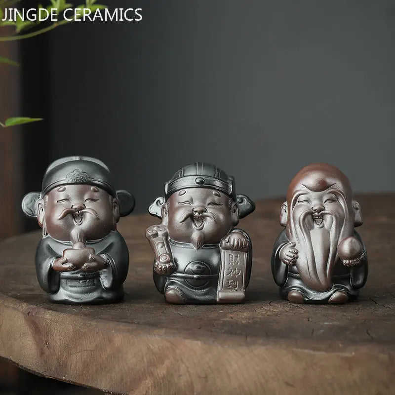 Purple Clay Handmade Tea Pet Fu Lu Shou Sculpture Decoration Tea Accessories Tea Art Ornaments Boutique Home Decorative Crafts