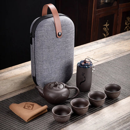 Purple Clay Kung Fu Teapot 230ml Chinese Porcelain Yixing Zisha Tea Pot 4 Cups Kung Fu Travel Tea Cup Handmade Tea Pot Cup Set